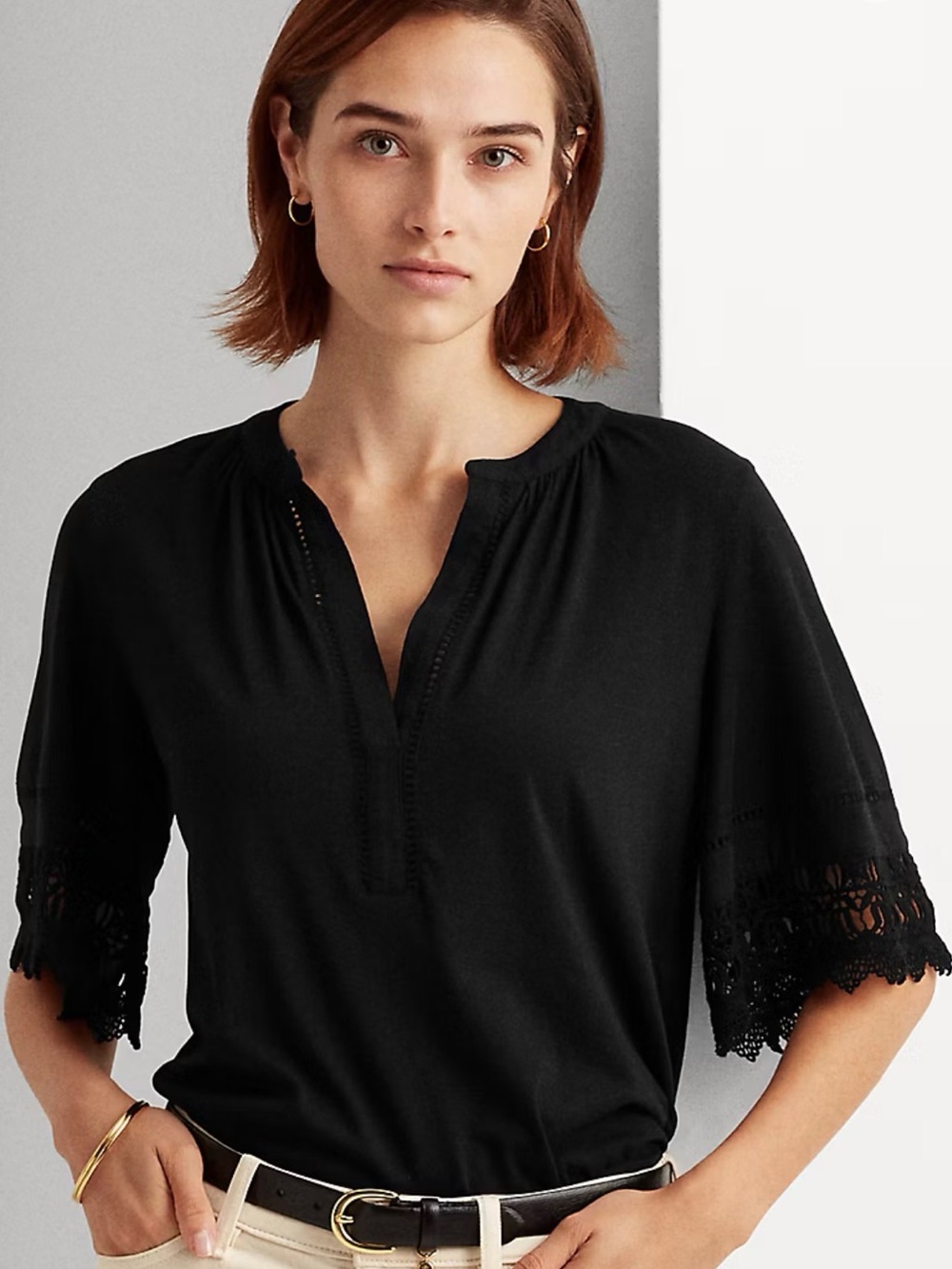 Lauren Ralph Lauren Lace-Trim Cotton Jersey Top in black, size small